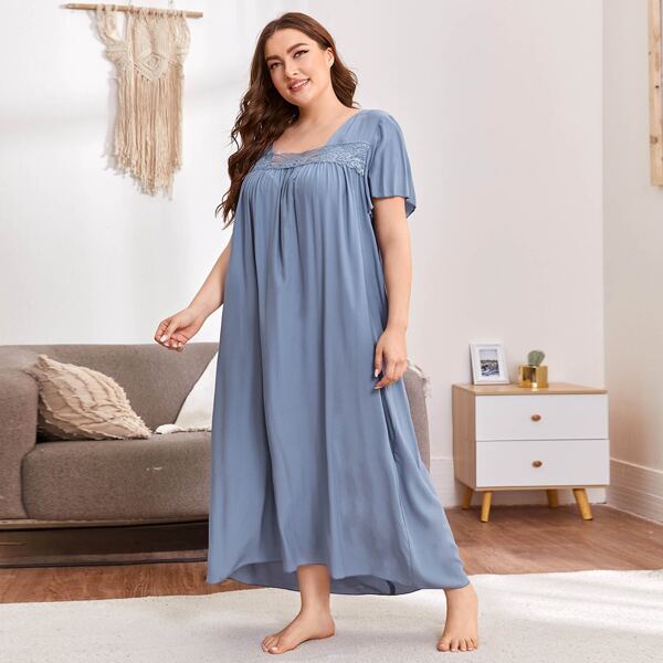 

Plus Contrast Lace Solid Night Dress, Dusty blue