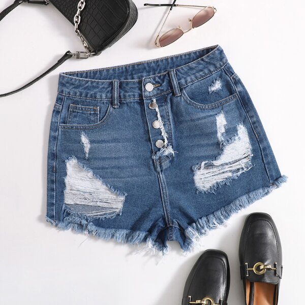 

Ripped Raw Hem Denim Shorts, Medium wash