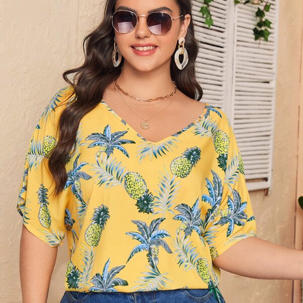 

Plus Tropical And Pineapple Print Blouse, Yellow