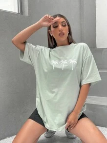 SHEIN Unity Áo thun Thực vật Giải trí - Màu xanh Bạc hà - Xem 1