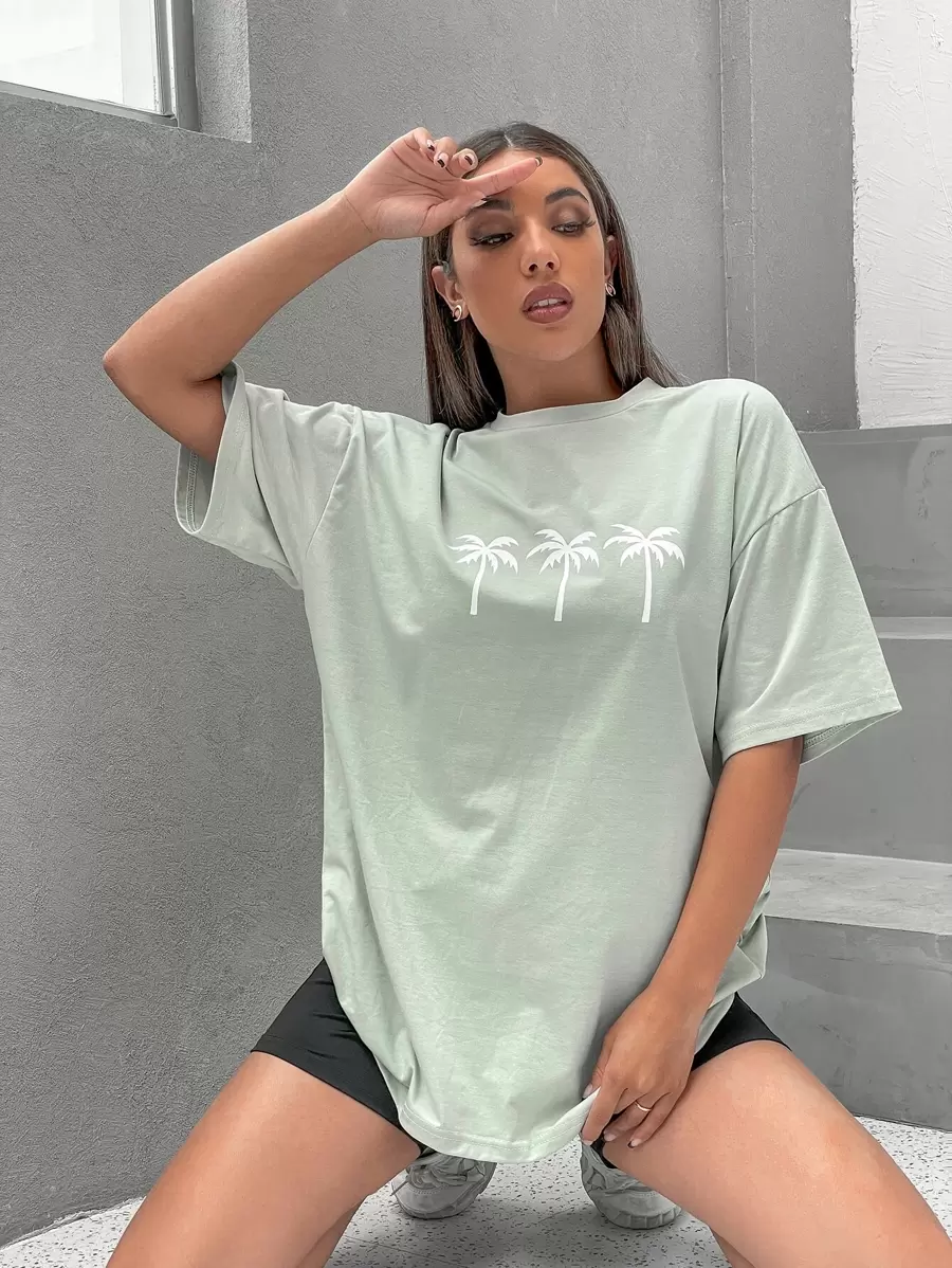 SHEIN Unity Áo thun Thực vật Giải trí - Màu xanh Bạc hà - Xem 1