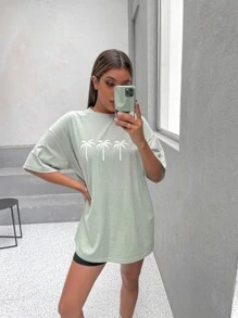 SHEIN Unity Áo thun Thực vật Giải trí - Màu xanh Bạc hà - Xem 3