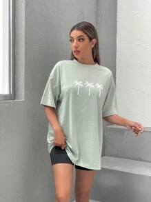 SHEIN Unity Áo thun Thực vật Giải trí - Màu xanh Bạc hà - Xem 5