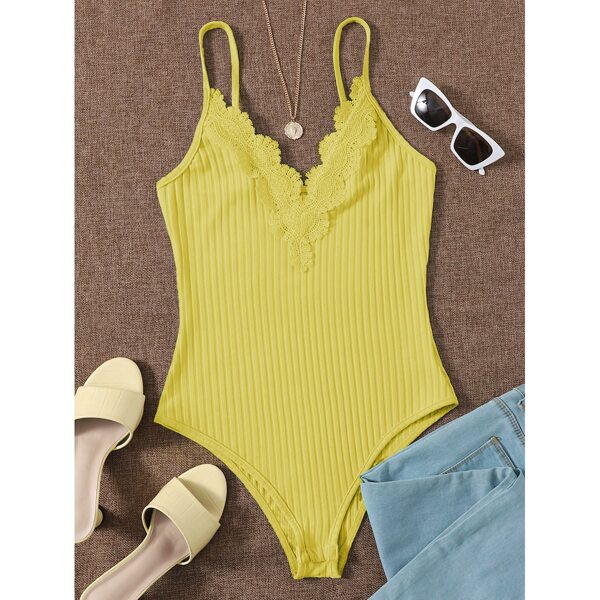 

Contrast Lace Ribbed Cami Bodysuit, Yellow