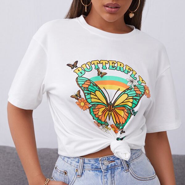 

Drop Shoulder Butterfly & Letter Print Tee, White