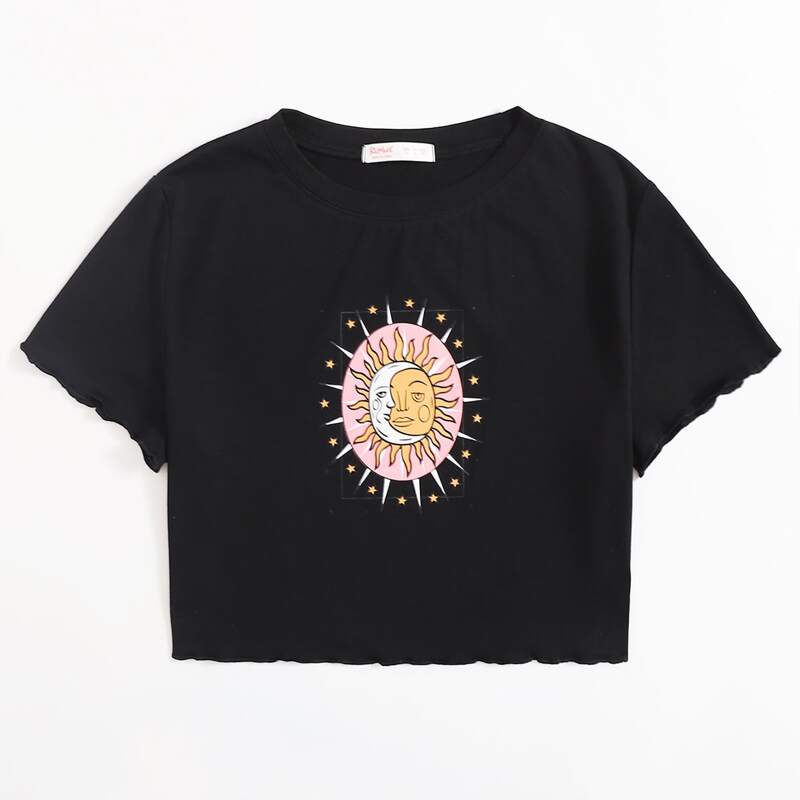

Sun & Moon Graphic Crop Tee, Black