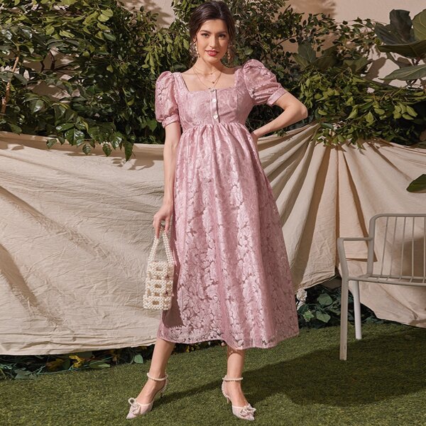 

Maternity Puff Sleeve Jacquard Dress, Baby pink