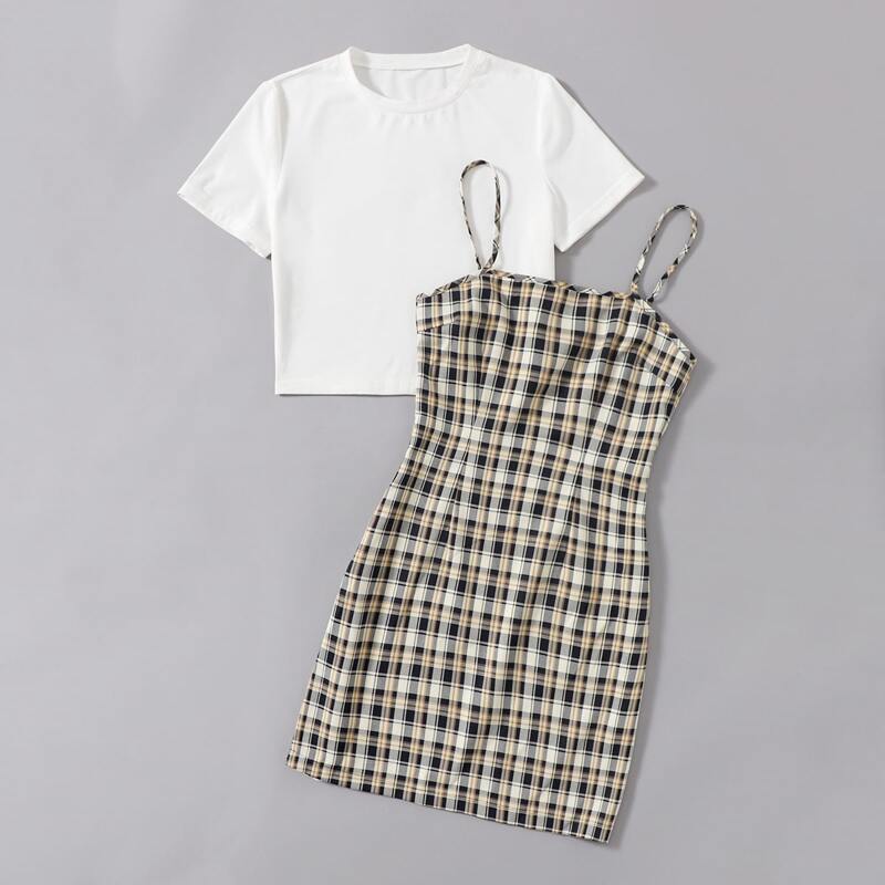 

Solid Tee & Plaid Cami Dress, Multicolor