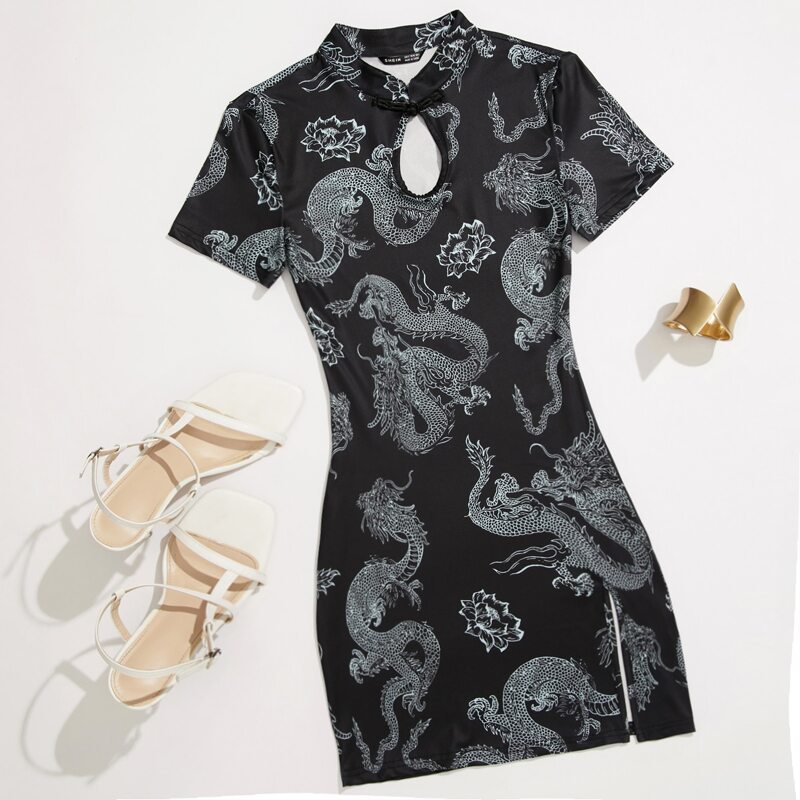 

Chinese Dragon Print Side Split Qipao Dress, Black