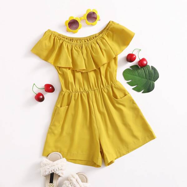 

Toddler Girls Solid Ruffle Trim Romper, Yellow