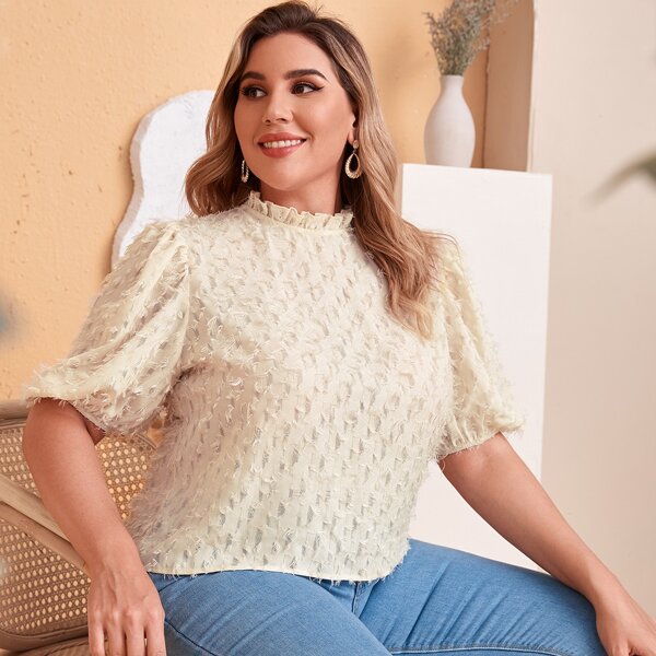 

Plus Frill Neck Puff Sleeve Top, Apricot