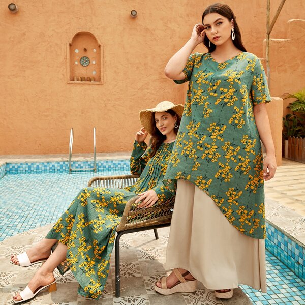 

Plus 1pc Floral Print 2 In 1 Tunic Dress, Green