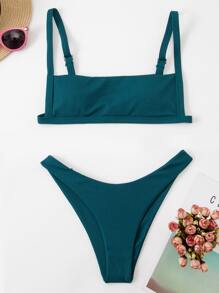 SHEIN Swim Summer Beach Rib High Cut Bikini Set - Dark Green - View 1