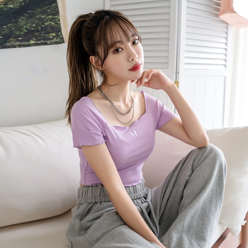 

Butterfly Print Raglan Sleeve Crop Tee, Mauve purple