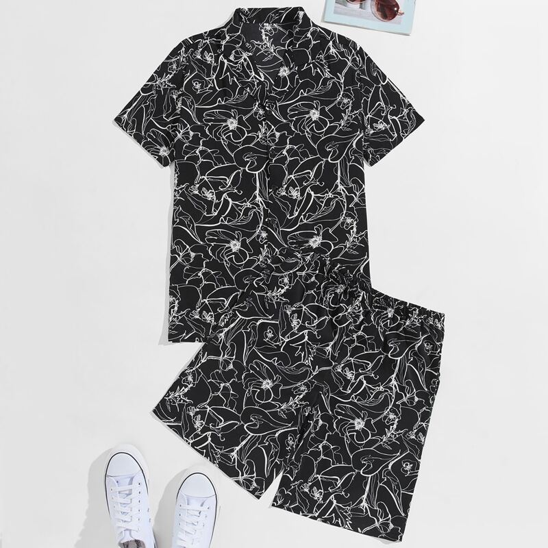 

Guys Floral Button Front PJ Set, Black