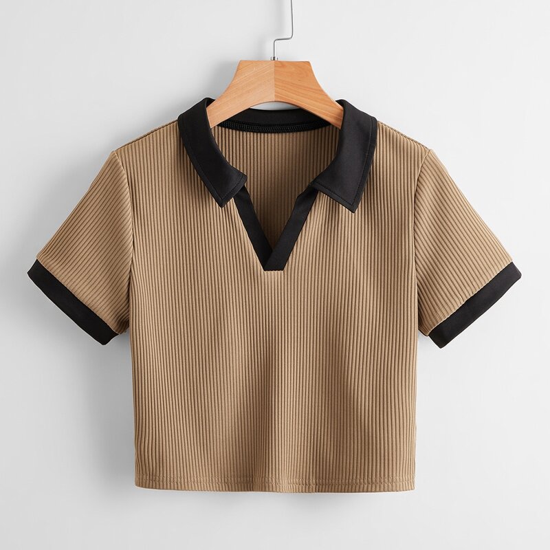 

Contrast Collar Ribbed Tee, Mocha brown
