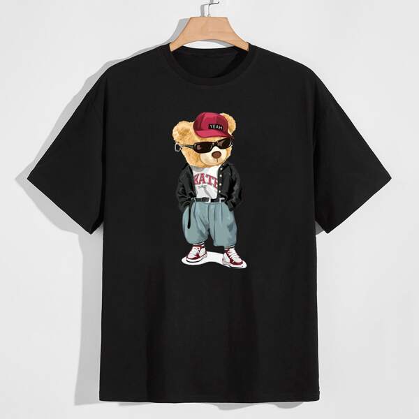

Men Cartoon Bear Print Tee, Black