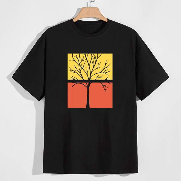 

Men Plants Print Crew Neck Tee, Black