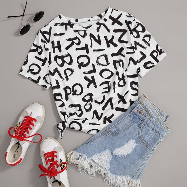

Plus Allover Letter Graphic Tee, Black and white