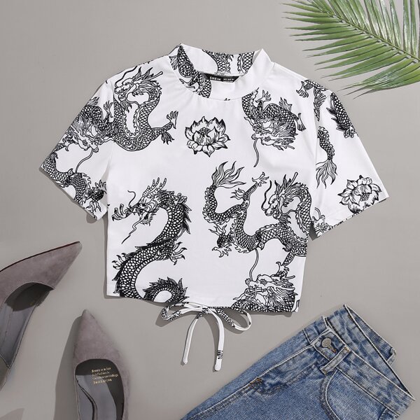

Plus Chinese Dragon Print Knotted Backless Mock Neck Tee, White