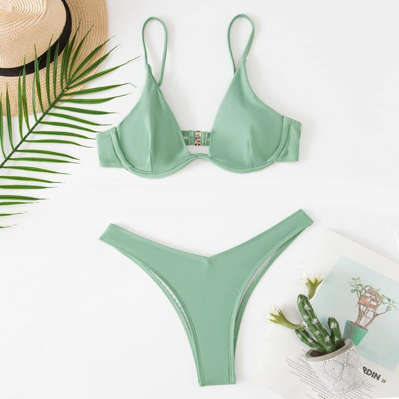 

Solid Underwire High Cut Bikini Swimsuit, Green