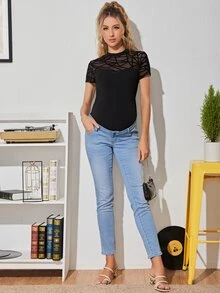 SHEIN Áo thun Bà bầu Nút Hình học Giải trí - màu đen - Xem 4