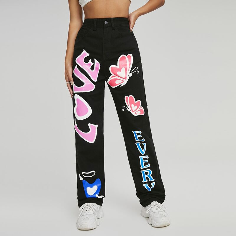 

High Waist Letter & Butterfly Graphic Jeans, Black