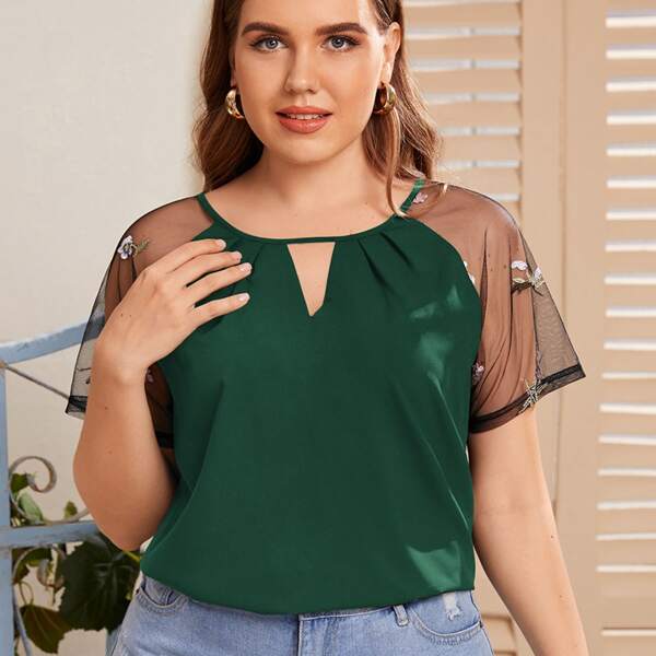 

Plus Keyhole Neck Embroidery Mesh Panel Blouse, Dark green
