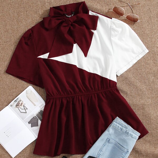 

Plus Contrast Panel Tie Neck Peplum Blouse, Maroon