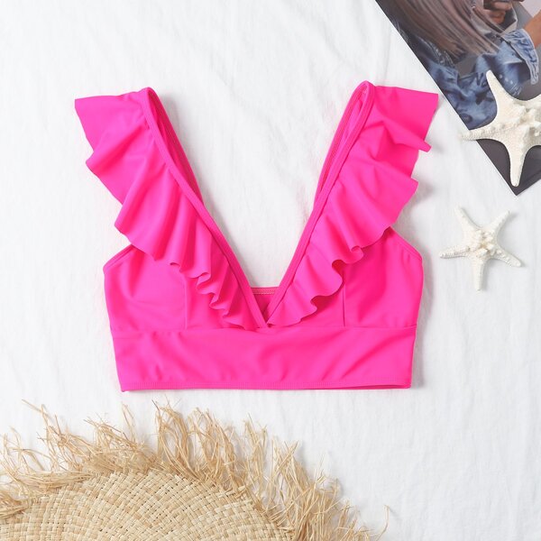 

Ruffle Trim Bikini Top, Hot pink