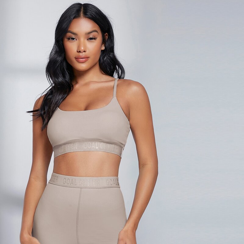 

Letter Tape Crop Sports Bra, Apricot