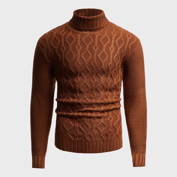

Men Cable Knit Turtleneck Sweater, Rust brown