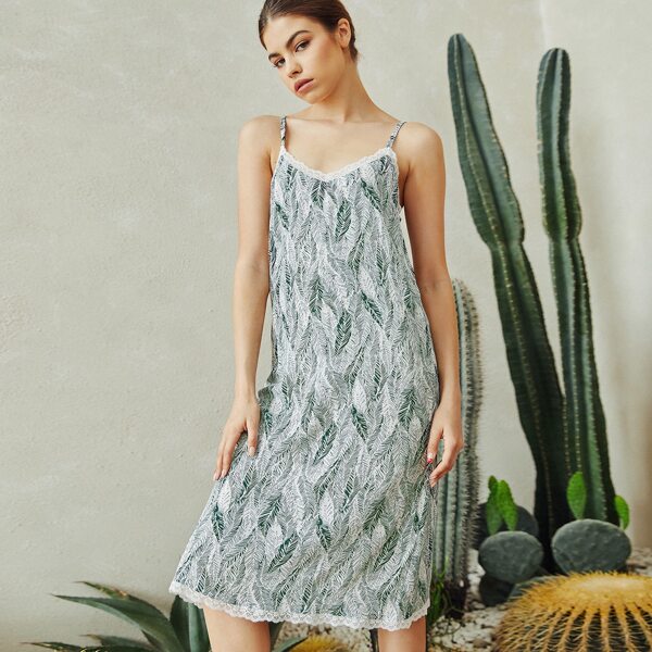 

Tropical Print Lace Trim Cami Nightdress, Multicolor