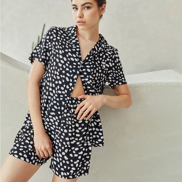 

Allover Print Button Up PJ Set, Black and white