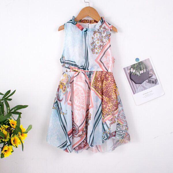 

Girls Scarf Print Frill Neck Dress, Multicolor