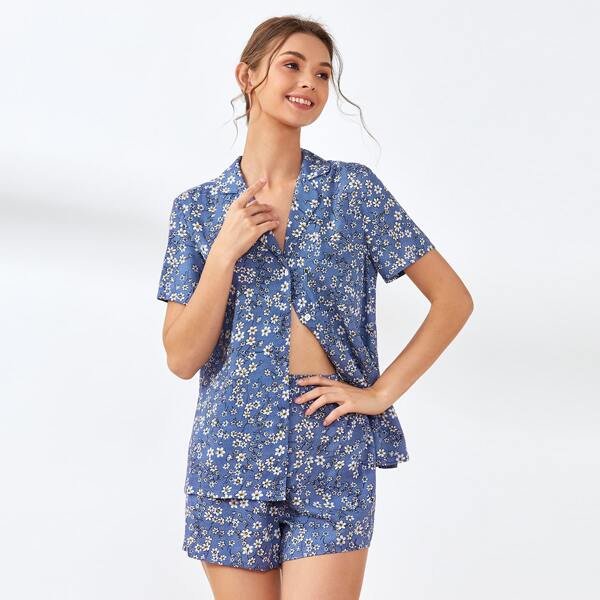 

Ditsy Floral Lapel Collar Pajama Set, Dusty blue