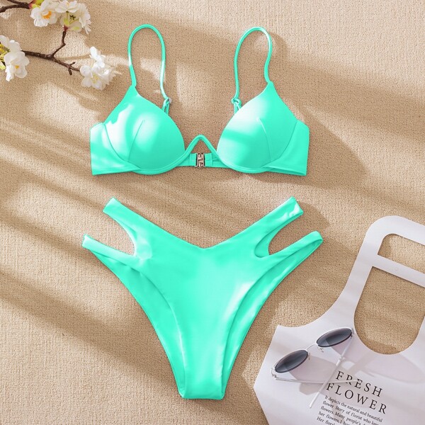 

Cut Out Push Up Bikini Swimsuit, Mint blue
