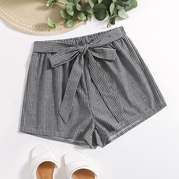 

Striped Belted Wide Leg Shorts, Grey