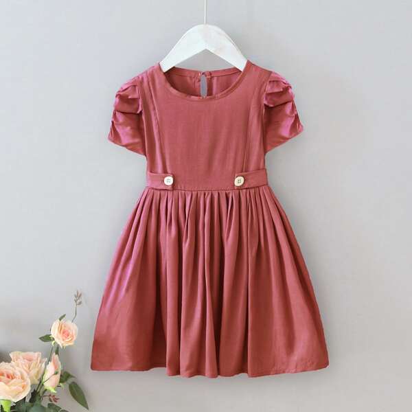 

Toddler Girls Puff Sleeve Tie Back A-line Dress, Redwood