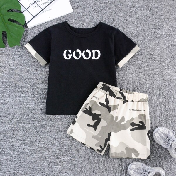 

Toddler Boy Letter Graphic Tee With Camo Shorts, Multicolor