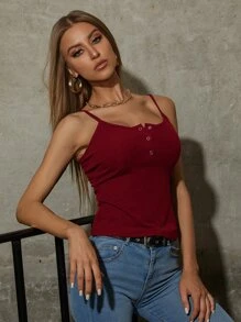 SHEIN SXY Solid Color Ribbed Knit Cami Top For Summer Beach Vacations - Burgundy - View 6