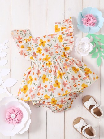 فستان مدموج مقلم بكشكش وبطباعة زهر شامل للبنات الأطفال