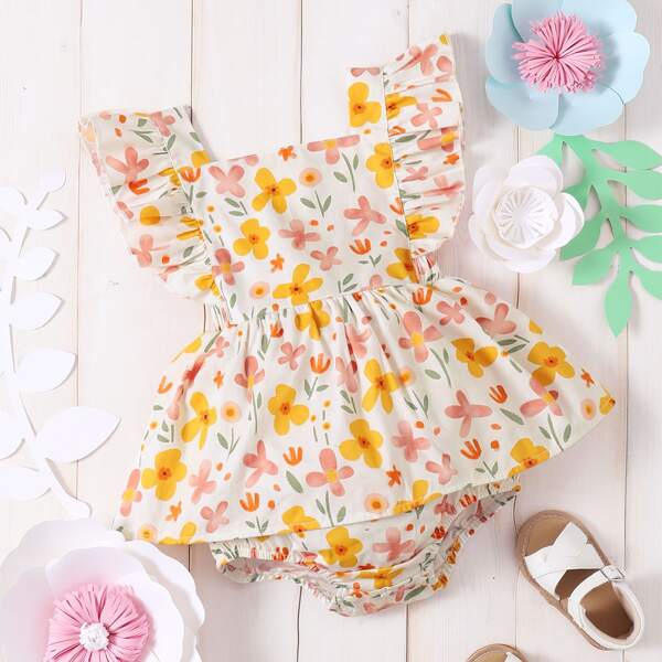 

Baby Girl Allover Floral Print Ruffle Trim Combo Dress, Multicolor