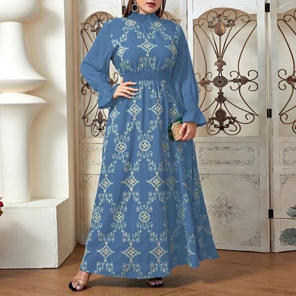 

Plus Graphic Embroidered Shirred Waist A-line Dress, Dusty blue