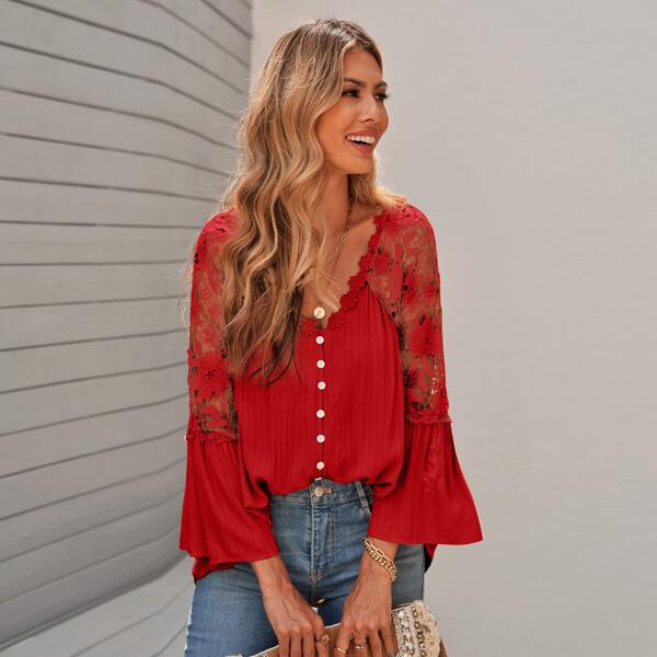 

Contrast Lace Button Front Blouse, Red