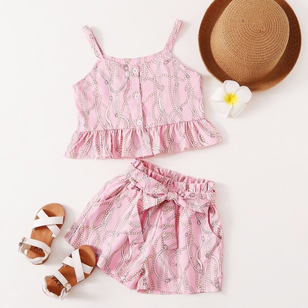 

Toddler Girls Chain Print Ruffle Hem Cami Top & Belted Paperbag Shorts, Baby pink