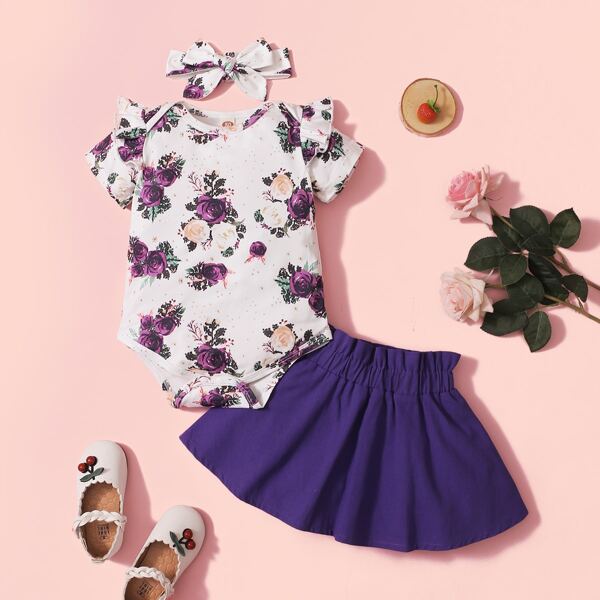 

Baby Girl Floral Ruffle Trim Bodysuit & Skirt & Headband, Multicolor