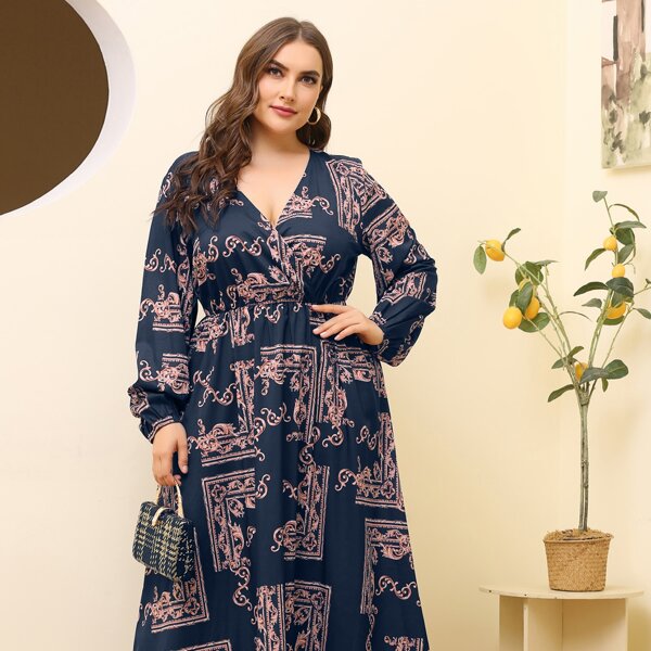 

Plus Baroque Print Surplice Front Maxi A-line Dress, Navy blue