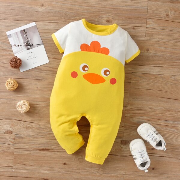 

Baby Boy Cartoon Graphic Contrast Binding Jumpsuit, Yellow