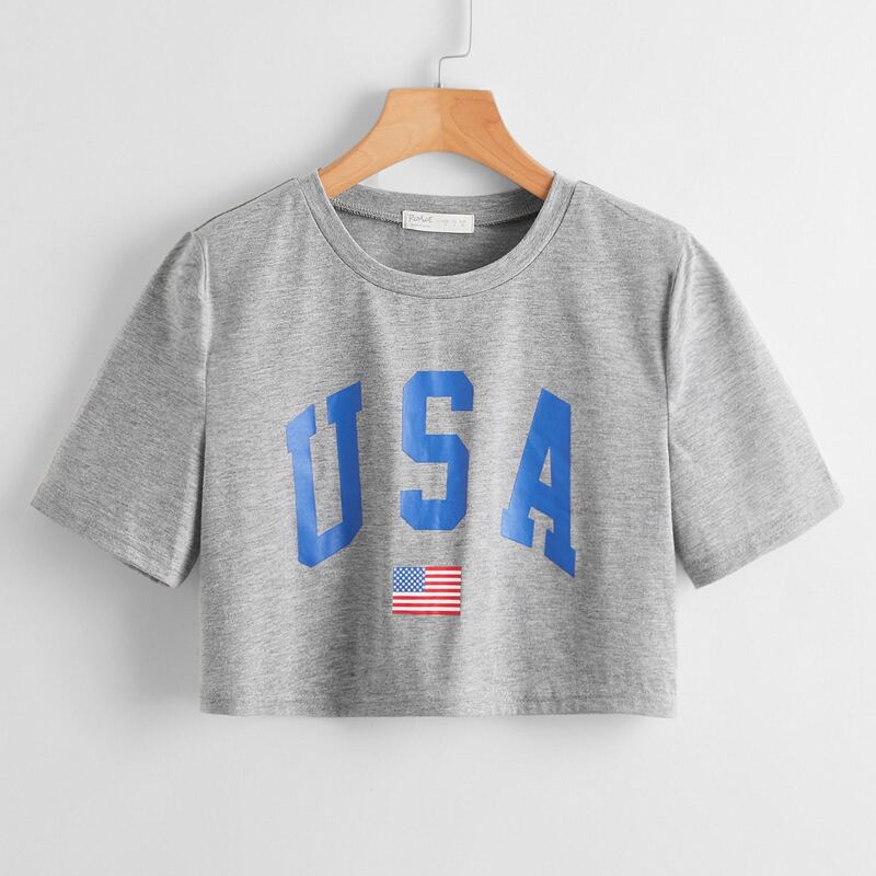 

Letter Flag Graphic Crop Tee, Grey